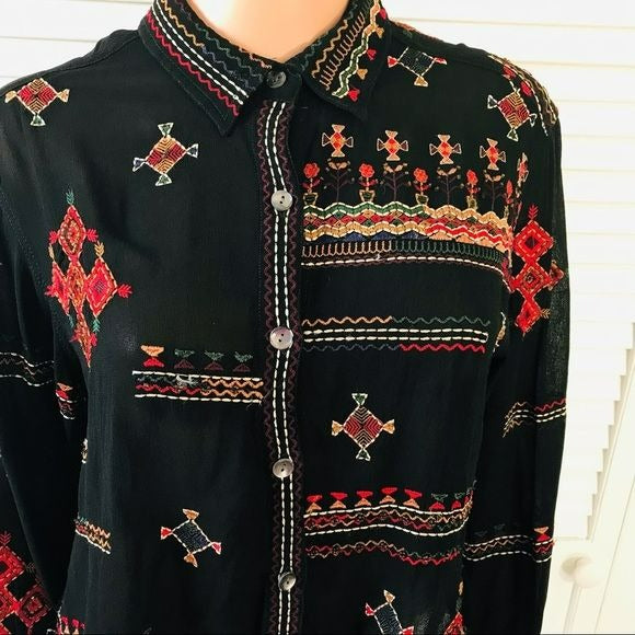 CHICO’S Black Vintage Hand-stitched Asymmetrical Raw Hem Blouse Size M