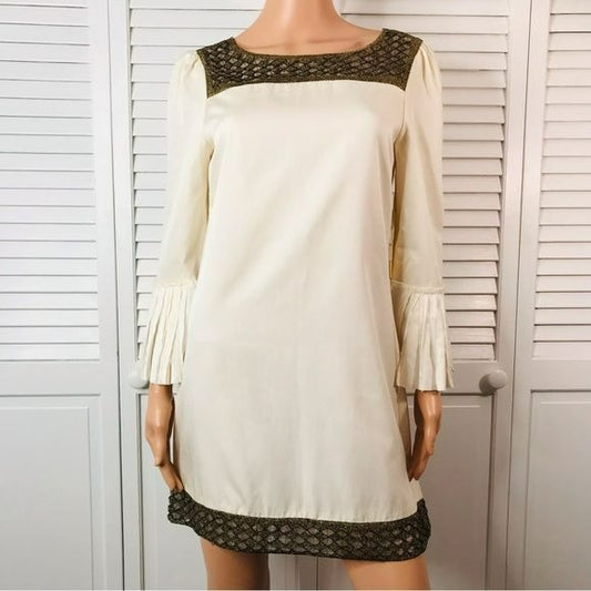 ALICE + OLIVIA Ivory Beaded Pleated Sleeve Dress Size S