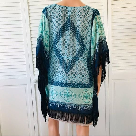 CHICO’S Blue V-Neck Semi Sheer Short Sleeve Fringe Poncho Blouse Size S/M