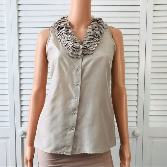 ANN TAYLOR Petite Beige Sleeveless Silk Button Down Blouse Size XS