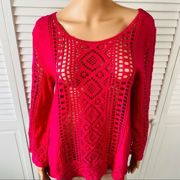 BLUE TASSEL By Anthropologie Bright Pink Boho Crochet Shavonne Top Size M