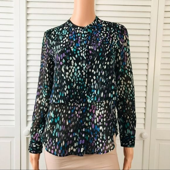 BANANA REPUBLIC Black Printed Sheer Button Down Blouse Size Petite XS