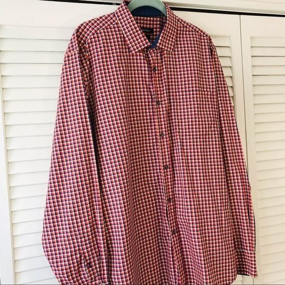 BUGATCHI Blue Red Gingham Button Down Shirt Size L