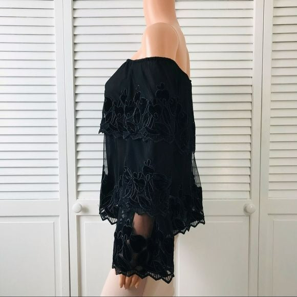ENDLESS ROSE Black Floral Sheer Off The Shoulder Top Size S