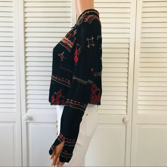 CHICO’S Black Vintage Hand-stitched Asymmetrical Raw Hem Blouse Size M