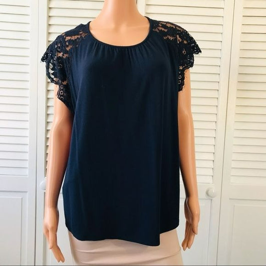 DRAPER JAMES Navy Blue Scoop Neck Short Sleeve Lace Shirt Size XXL