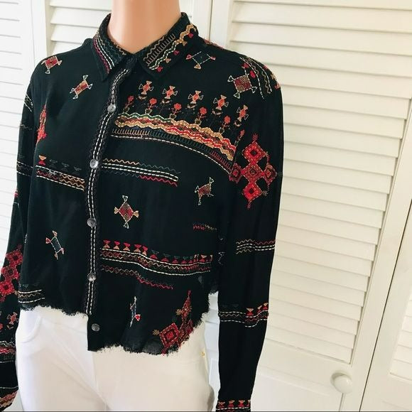CHICO’S Black Vintage Hand-stitched Asymmetrical Raw Hem Blouse Size M