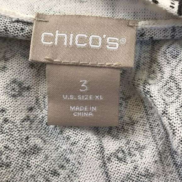 CHICO’S Black White 3/4 Sleeve Open Front Lightweight Cardigan Size XL