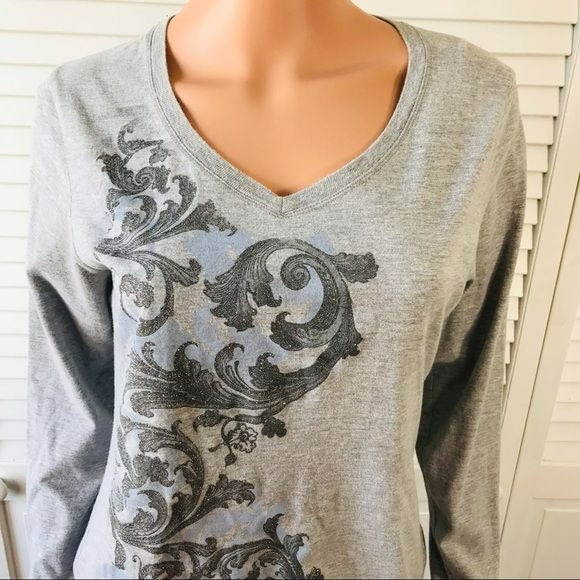 HANES Gray Silver Embellished Long Sleeve V-Neck Top Size M