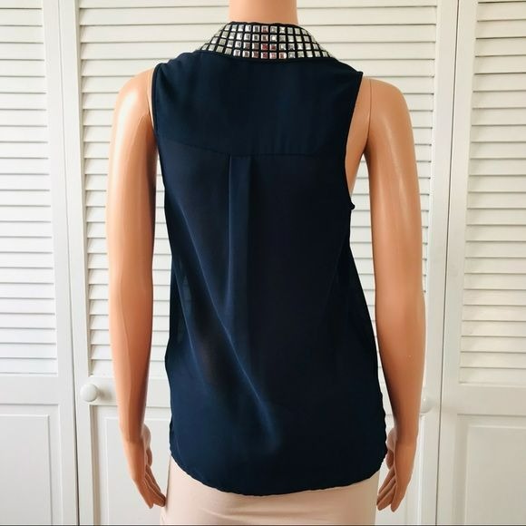 KATIE K Navy Blue Sheer Sleeveless Button Down Shirt Size XS