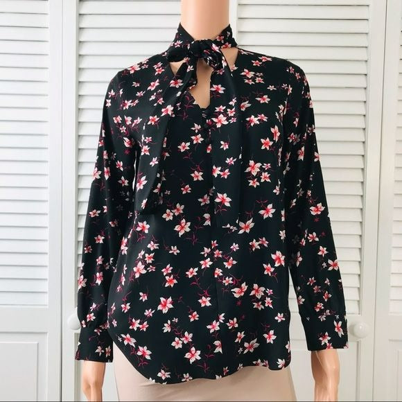 ANN TAYLOR Petite Black Neck Tie Floral Long Sleeve Blouse Size XS