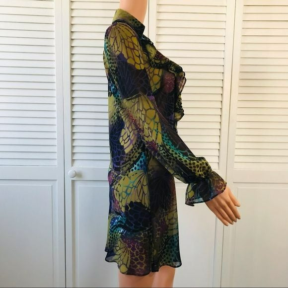 BISOU BISOU Multicolor V-Neck Ruffle Sheer Dress Size XS