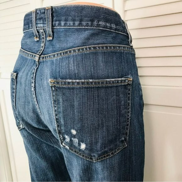 CURRENT/ELLIOT Blue Distressed Raw Hem Baggy Straight Leg Ankle Jeans Size 27