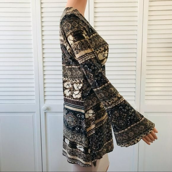 SUSAN LAWRENCE Brown Black Printed V-Neck Shirt Size M