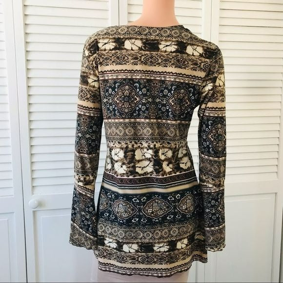 SUSAN LAWRENCE Brown Black Printed V-Neck Shirt Size M
