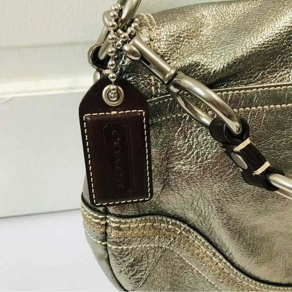 COACH Metallic Silver Flap Versatile Leather Handbag