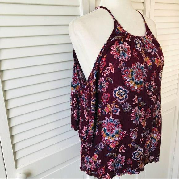 IZ BYER Burgundy Cold Shoulder Blouse