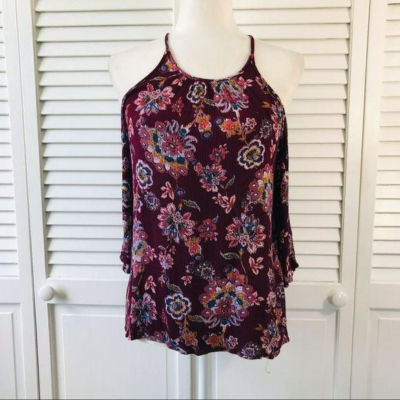 IZ BYER Burgundy Cold Shoulder Blouse