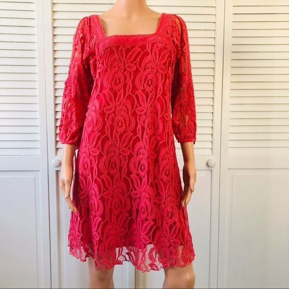 SOLITAIRE By Ravi Khosla Coral Pink Lace Square Neck Dress Size M