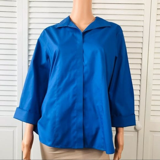 *NEW* CHICO’S Blue Cotton 3/4 Sleeve Button Down Celisa Shirt Size L