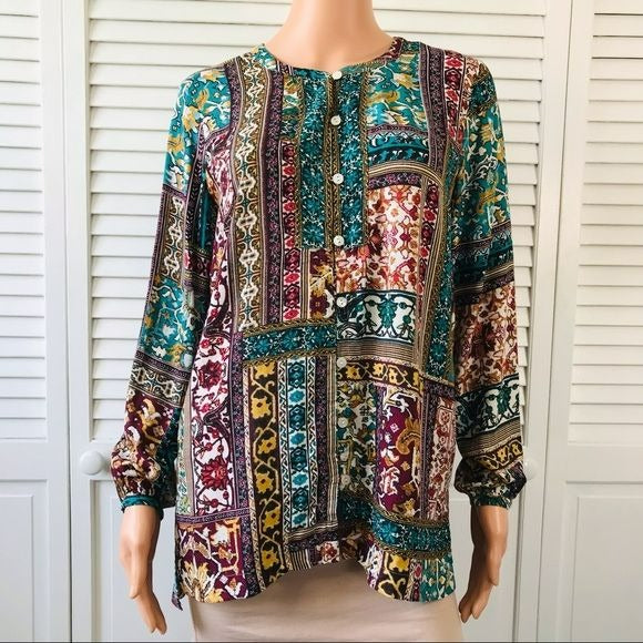 J. JILL Multicolor V-Neck Button Long Sleeve Blouse