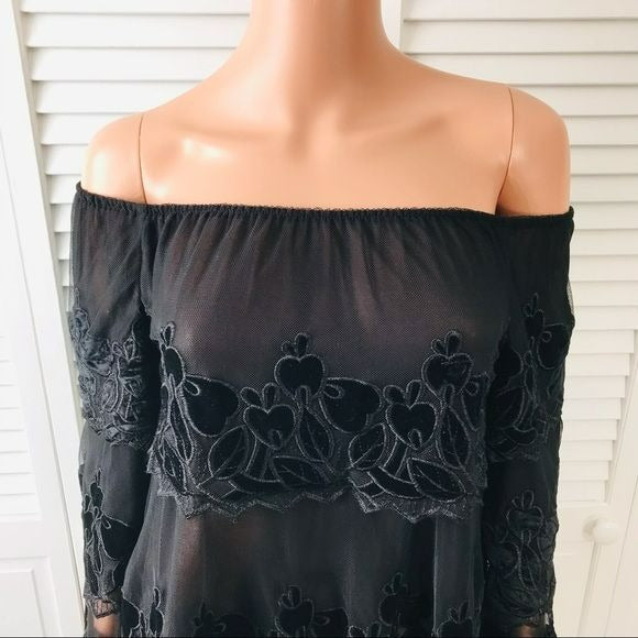 ENDLESS ROSE Black Floral Sheer Off The Shoulder Top Size S