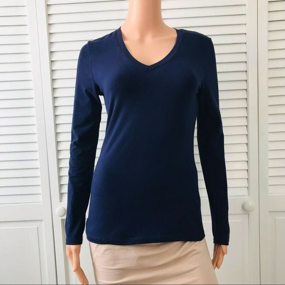 LORD & TAYLOR Navy Blue Long Sleeve V-Neck Shirt Size XS