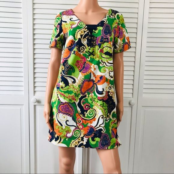 TRINA TURK Multicolor Paisley Yuna Shift Short Sleeve Sheath Dress Size 8