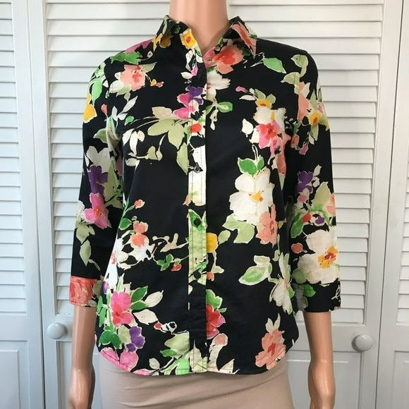 LAUREN RALPH LAUREN Petite Black Floral Button Down Shirt Size XS
