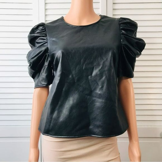 *NEW* CINQ A SEPT Faux Leather Puff Sleeve Top Size S