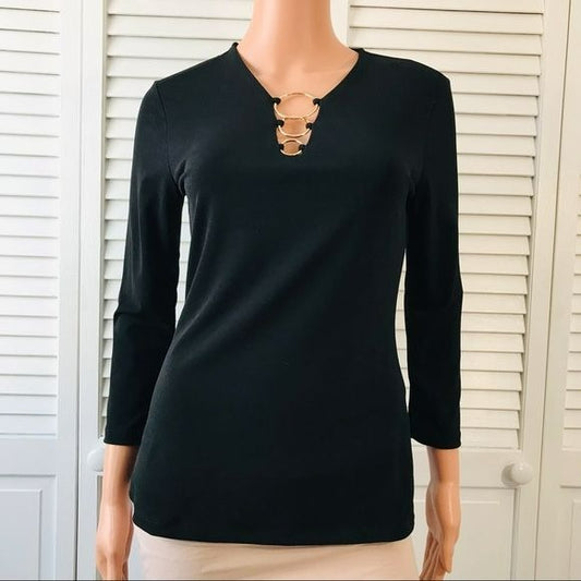 INC INTERNATIONAL CONCEPTS Black O-Ring V-Neck Top Size S