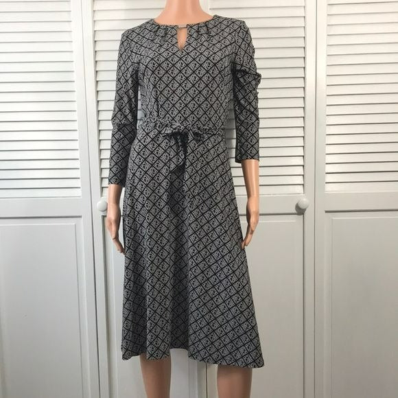 LAUREN RALPH LAUREN Black White Printed Belted Dress Size 0