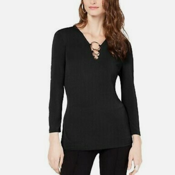 INC INTERNATIONAL CONCEPTS Black O-Ring V-Neck Top Size S