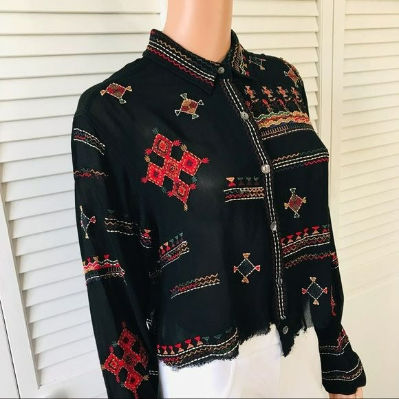 CHICO’S Black Vintage Hand-stitched Asymmetrical Raw Hem Blouse Size M