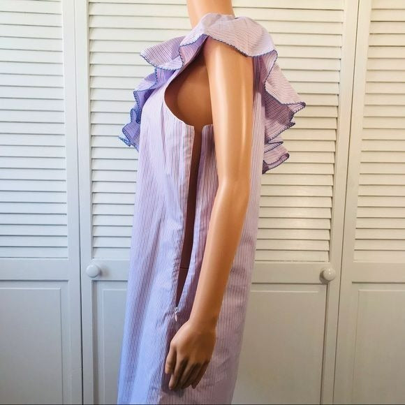 PARKER Multicolor Striped Cotton Ruffle One Shoulder Dress Size M
