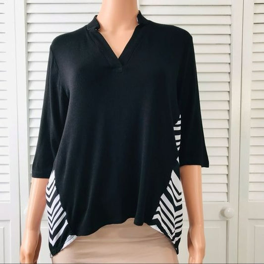 CHA CHA VENTE Black White 3/4 Sleeve Shirt Size Petite M