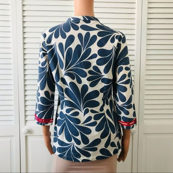 BODEN Blue White V-Neck Cotton Shirt Size 6