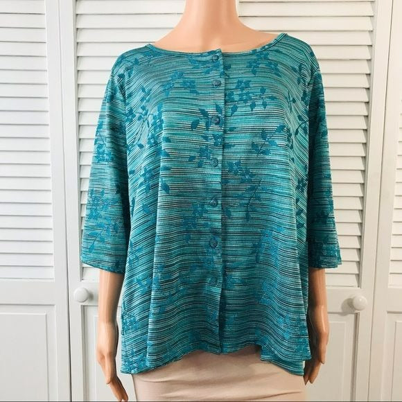 JONES NEW YORK Blue White Floral Button Down Short Sleeve Cardigan Size 2X