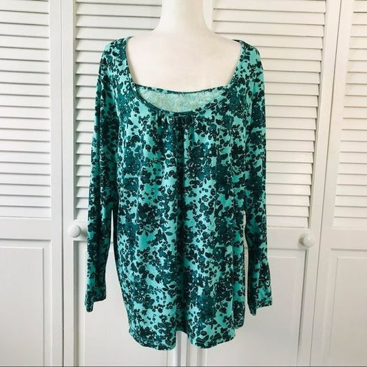 BASIC EDITIONS Blue Black Floral Cotton Long Sleeve Shirt