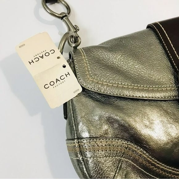COACH Metallic Silver Flap Versatile Leather Handbag