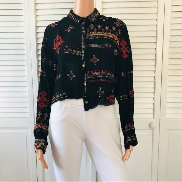 CHICO’S Black Vintage Hand-stitched Asymmetrical Raw Hem Blouse Size M
