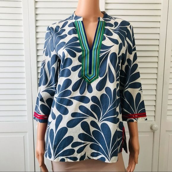 BODEN Blue White V-Neck Cotton Shirt Size 6