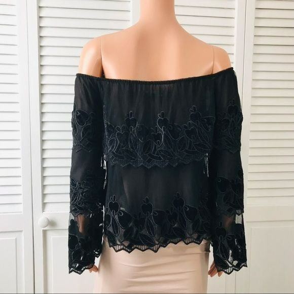 ENDLESS ROSE Black Floral Sheer Off The Shoulder Top Size S