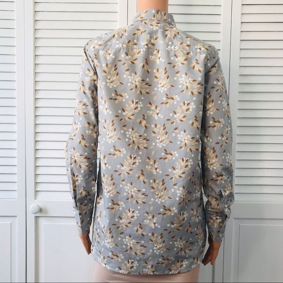 Lands' End Light Blue Cotton 1/4 Button Front V-Neck Leaf Pattern Shirt Size 4