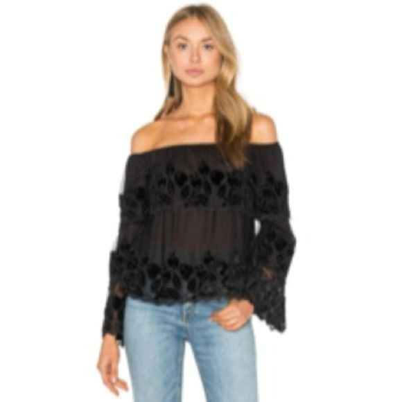 ENDLESS ROSE Black Floral Sheer Off The Shoulder Top Size S