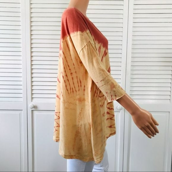 FREE PEOPLE Red Yellow Boho Dip Dye Tie Dye Shirt Size M