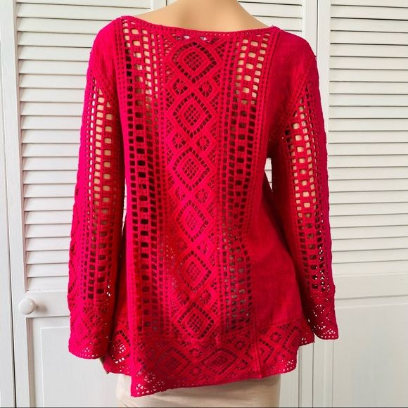 BLUE TASSEL By Anthropologie Bright Pink Boho Crochet Shavonne Top Size M
