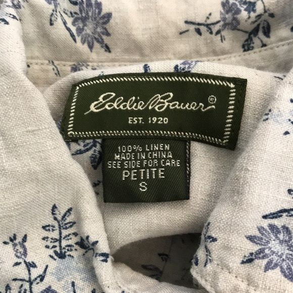 EDDIE BAUER Blue Floral Linen 3/4 Sleeve Shirt Dress Size PS