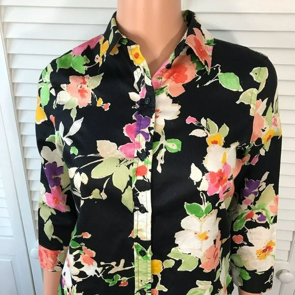 LAUREN RALPH LAUREN Petite Black Floral Button Down Shirt Size XS