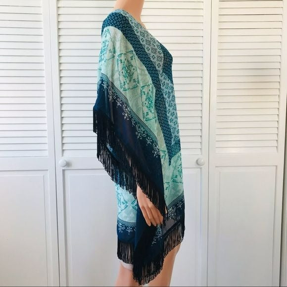CHICO’S Blue V-Neck Semi Sheer Short Sleeve Fringe Poncho Blouse Size S/M